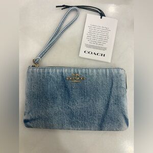 Coach Large Corner Zip Wristlet In Loved Denim
